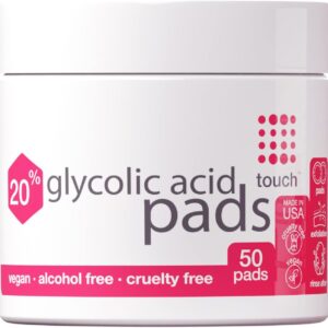 TOUCH 20% Glycolic Acid Pads Exfoliating And Resurfacing AHA Peel Face Wipes - Great for Dullness, Pores, Scars, Fine Wrinkles, Uneven Skin Tone & Texture, 50 Count