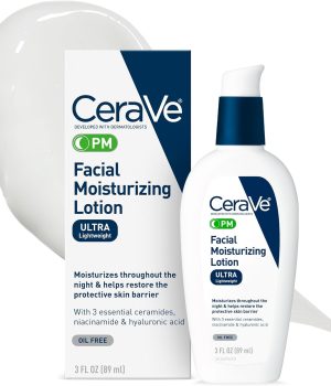 CeraVe PM Facial Moisturizing Lotion, Night Cream with Hyaluronic Acid and Niacinamide, Ultra-Lightweight, Oil-Free Moisturizer for Face, 3 Ounce