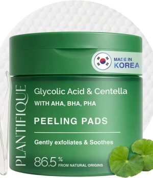 PLANTIFIQUE Korean Glycolic Acid Toner Pads 60 Pcs with Niacinamide, CICA – AHA BHA PHA Face Daily Peel Exfoliating Pads Formula for Gentle Skin Renewal for All Skin Types – Refillable Container
